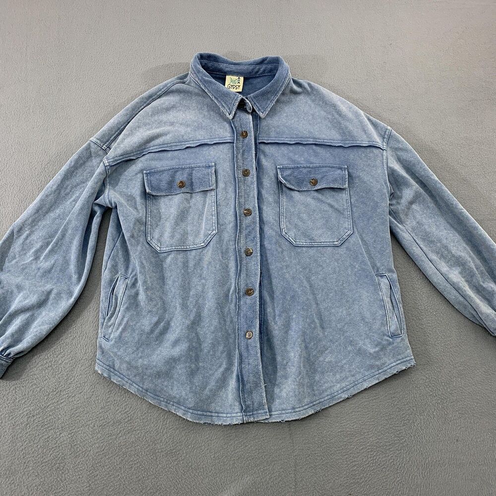 Jaded Gypsy Shirt Womens S/M Blue Terry Natural Comfort Button Front Casual
